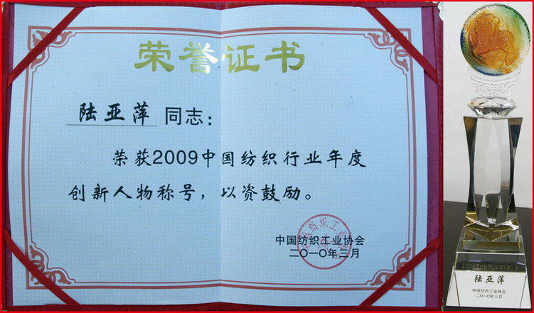 江苏亚萍集团董事长陆亚萍被评为“2009中国纺织行业年度创新人物”